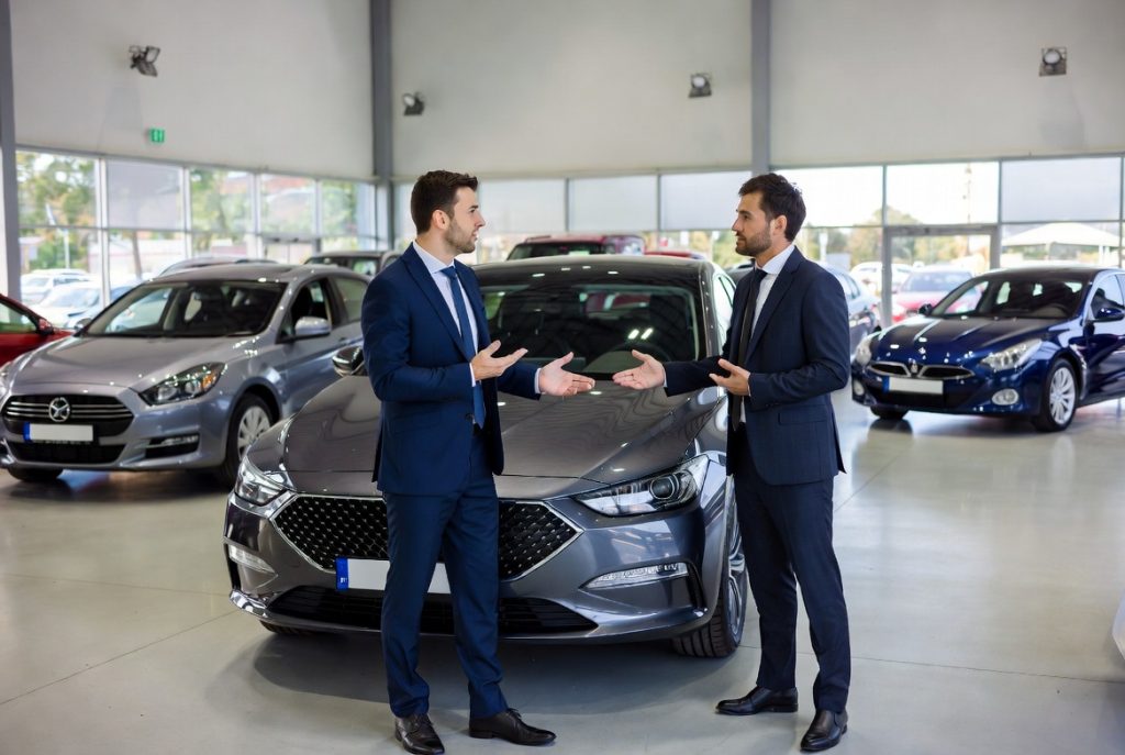 Two businessmen discussing car sales.